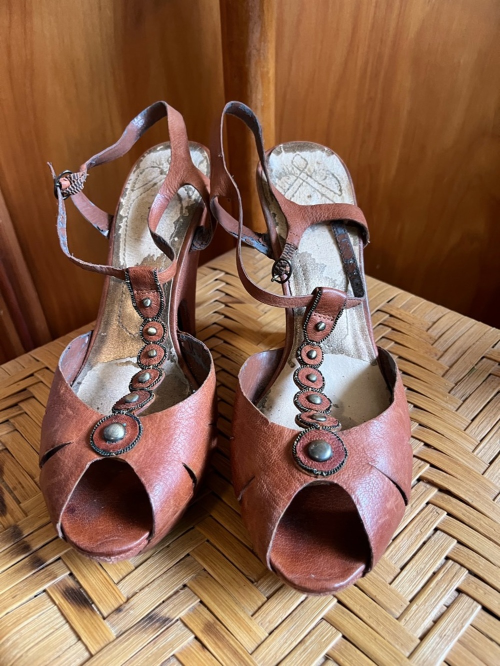 Nine West Brown Leather Peep-Toe Heels with Stud Accent